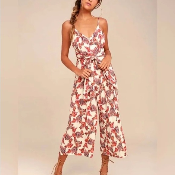 Free People Hot Tropics Cream Floral Wide Crop Leg Romper Jumpsuit—Size 8 - Picture 1 of 8